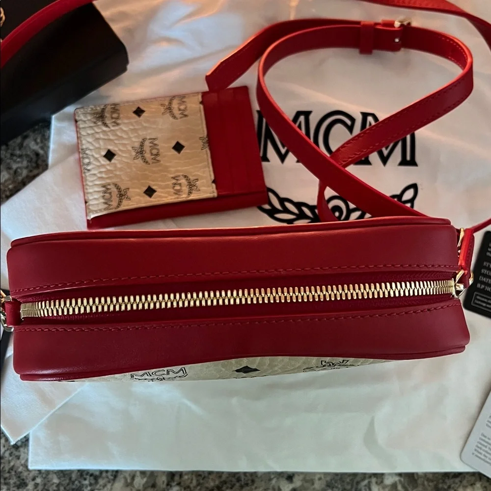 MCM Red and Cream Logo Crossbody Bag & Matching Card Holder